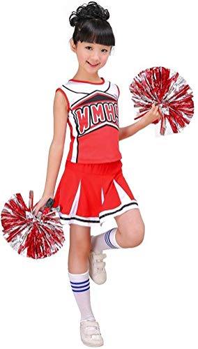 LOLANTA Mädchen rot & blau Cheerleader Kostüm befestigen Pom Poms Socken, Kinder Cheer Outfit Karneval Kostüm, Rot, 130 von LOLANTA