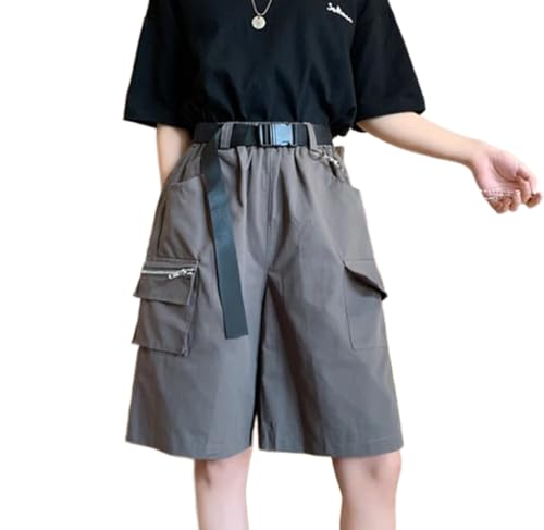 LOMATO Harajuku Kette Cargo-Shorts Frauen Sommer Große Taschen Breite Bein Shorts Frau Schwarz Hohe Taille Streetwear Shorts Weibliche,Grau,L von LOMATO