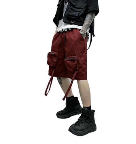 LOMATO Sommer-Workwear-Shorts, Trendige Marke, Explosive Viertelhose, Gerade, Harajuku-Band, Herrenbekleidung, Multi-Pocket-Cargohose,Burgund,L von LOMATO