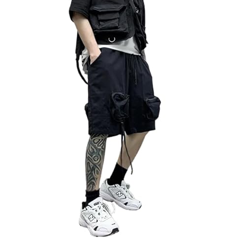 LOMATO Sommer-Workwear-Shorts, Trendige Marke, Explosive Viertelhose, Gerade, Harajuku-Band, Herrenbekleidung, Multi-Pocket-Cargohose,Schwarz,L von LOMATO