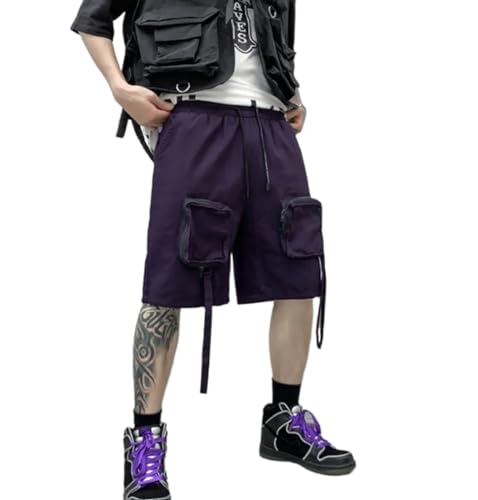 LOMATO Sommer-Workwear-Shorts, Trendige Marke, Explosive Viertelhose, Gerade, Harajuku-Band, Herrenbekleidung, Multi-Pocket-Cargohose,lila,L von LOMATO