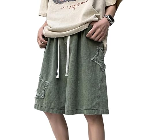 LOMATO Vintage Star Patchwork Shorts Männer Sommer All-Match Ulzzang Freizeit Streetwear Chic Denim Kurze Hosen Plus Größe 5XL,Army Green,2XL von LOMATO