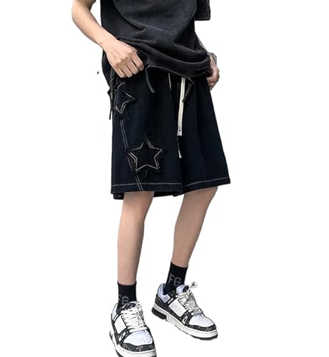 LOMATO Vintage Star Patchwork Shorts Männer Sommer All-Match Ulzzang Freizeit Streetwear Chic Denim Kurze Hosen Plus Größe 5XL,Black,4XL von LOMATO