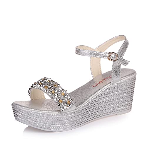 LONG-M Damen Sandalen Kristall Keil Sommer Sandalen Frauen Kleider Mit Hohen Absätzen Plattform Schuhe,Silber,38 von LONG-M