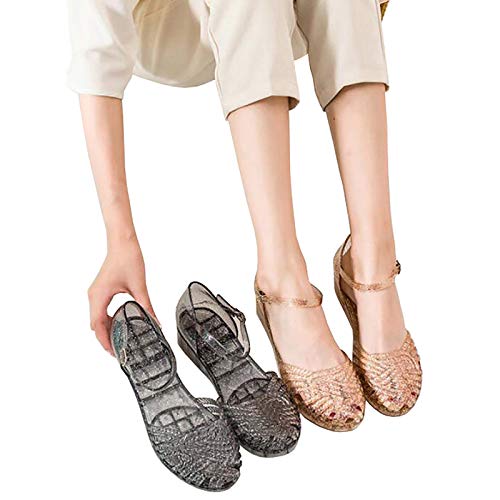 LONG-M Kristall Gelee Sandalen Kunststoff Sandalen Damen Transparent Nicht-Slip Strand Schuhe,Gold,39 von LONG-M