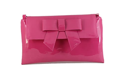 LONI Damen Clutch Tasche mit Schleife in Lack Kunstleder in Hot Pink Rosa von LONI