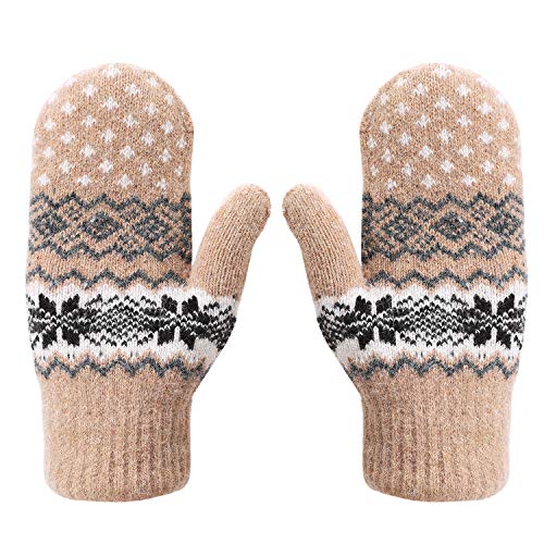 Handschuhe Damen Fäustlinge Verdickte Winterhandschuhe Schneeflocke Muster Damenhandschuhe mit Fleecefutter Weiche Strickhandschuhe Warme Handschuhe Fausthandschuhe für Freizeit Outdoor Sport von LONTG