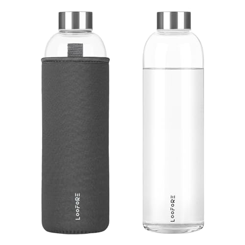 LOOFORE Glasflasche 1 liter / 1l, Wasserflasche Glas 1000ml 750ml inkl. Neoprenhülle, BPA freie, Trinkflasche Spülmaschinenfeste, Water Bottle für kohlensäurehaltige Getränke von LOOFORE