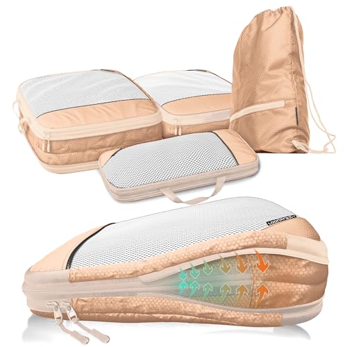 Packing Cubes Kompression für Koffer und Rucksack [4-teilig] mit Packbeutel - mehr Platz im Koffer oder Backpack durch Kompression – Packwürfel Rucksack für deine Wander Ausrüstung (beige) von LOONARA Travel