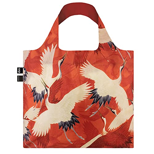 LOQI Woman's HAORI White and Red Cranes Bag: Gewicht 55 g, Größe 50 x 42 cm, Zip-Etui 11 x 11.5 cm, Handle 27 cm, Water Resistant, Made of Polyester, Oeko-TEX Certified, can Carry up to 20 kg von LOQI