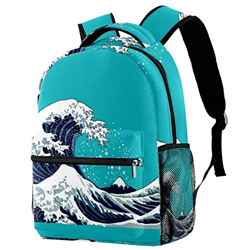 Lorvies Rucksack, japanische Wellen, lässiger Rucksack, Schulterrucksack, Büchertasche für Schule, Studenten, Reisetaschen von LORVIES