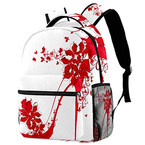 Lorvies rote High-Heel-Schuhe mit Schmetterlingen, lässiger Rucksack, Schulterrucksack, Büchertasche für Schule, Studenten, Reisetaschen von LORVIES