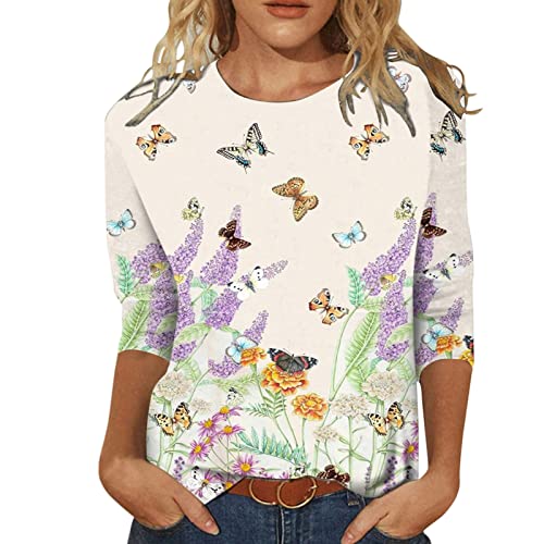 T Shirt Damen 3/4 Arm -Oberteile Damen Sommer,Bluse Damen Elegant O-Ausschnitte mit Schmetterlings und Blumen Drucken Sommershirts Casual Mode Tshirt Tops Bequem Tunika Strand T-Shirts für Frauen von LOSSLO