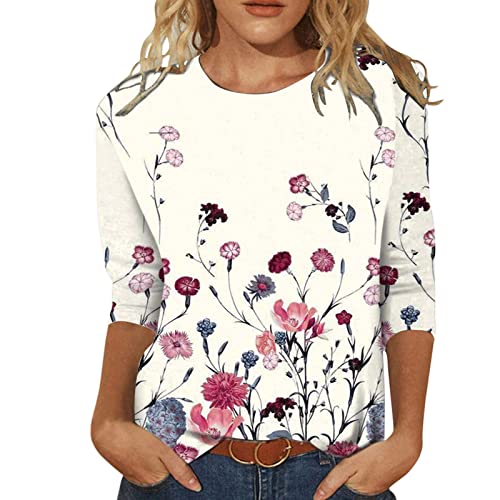 T Shirt Damen 3/4 Arm -Oberteile Damen Sommer,Bluse Damen Elegant O-Ausschnitte mit Schmetterlings und Blumen Drucken Sommershirts Casual Mode Tshirt Tops Bequem Tunika Strand T-Shirts für Frauen von LOSSLO