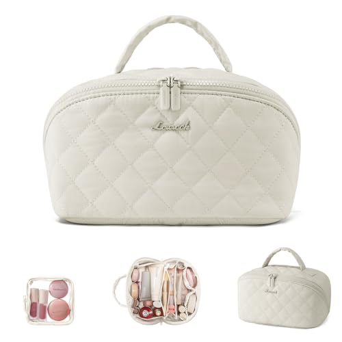 LOVEVOOK Kosmetiktasche Damen Make up Tasche Groß Schminktasche Organizer mit fächern wasserdichte Puffer Kulturbeutel mit 180°-Flachdesign Wäschemaschinenfeste Kulturtasche für Reisen, Beige von LOVEVOOK