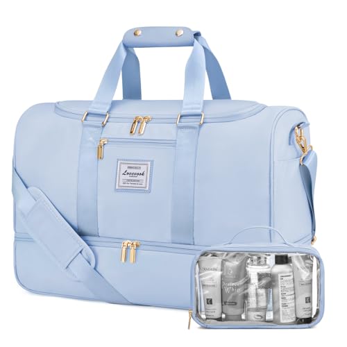 LOVEVOOK Weekender Reisetasche Damen, Travel Bags Gym Yoga Bag mit Kulturtasche, Schuhfach & Nassfach, Wasserdicht Strandtasche Schwimmtasche Saunatasche, Handgepäck Tasche für Sport Urlaub, Hellblau von LOVEVOOK