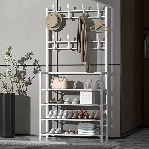Free-Standing Coat Stand, Coat Rack Shoe Rack with Seat, Clothes Rack with 8 Removable Hooks, Bench, Shelves, Industrial Design for Clothes, Hats, Bags, Hallway, Entryway,Weiß,5 floors heightened von LOVEXIN