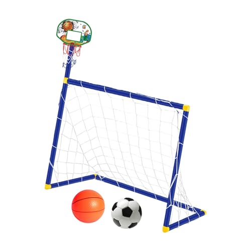 LOVIVER Basketballkorb mit Fußballtornetz, Übungsnetze, 2-in-1, einfache Montage, faltbares Wurfspiel-Tornetz für drinnen, draußen, Kinder, Blau von LOVIVER