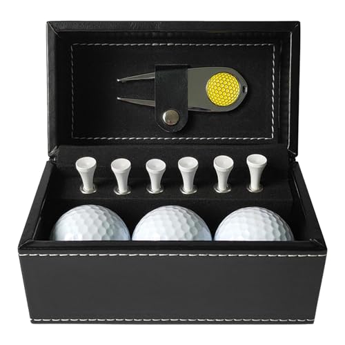 LOVIVER Golfball-Geschenkset, Golfgeschenk für Männer, mit PU-Lederbox, 6 Golf-Tees, Golfbällen für Kinder, Erwachsene, Opa, Papa, Golfplatz, Gelbes Divot-Werkzeug von LOVIVER