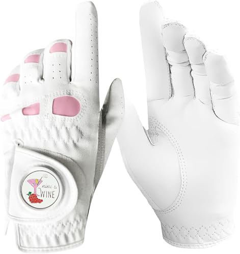 Golf Handschuhe Damen Frauen Linke Hand Rechts mit Extra Mode Ball Marker 1-Pack, Leder Golf Handschuh für Links Rechtshänder Golfer Allwetter für Mädchen Verbesserter Grip Sport (Weiß, L, Rechts) von LOVMEAD
