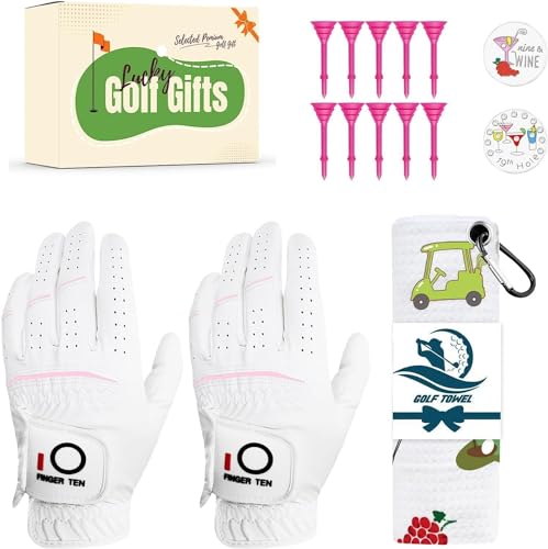 LOVMEAD Damen Golf Handschuh Linke Hand Zubehör Atmungsaktiv Cool und Bequem 2-Pack mit Geschenkbox, Golf Handschuhe Frauen und Golf Handtuch Tees Ball Marker (Rosa, L) von LOVMEAD