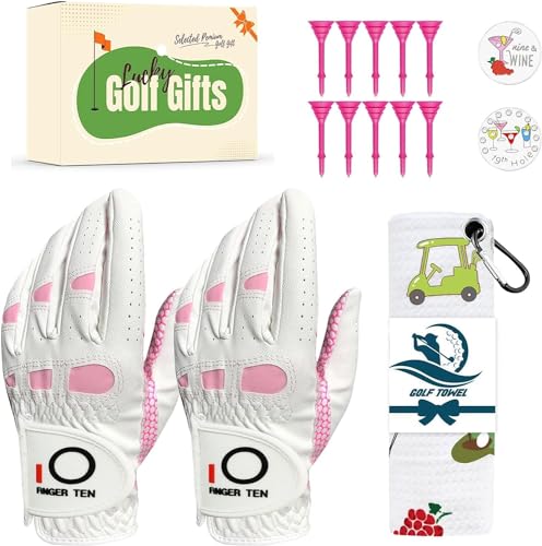 LOVMEAD Damen Golfhandschuhe für Linke Hand Rutschfester Griff bei Allen Wetterbedingungen Wert 2-Pack mit Geschenkbox, beinhaltet Golftücher, Tees und Ball Marker (Rosa, L) von LOVMEAD