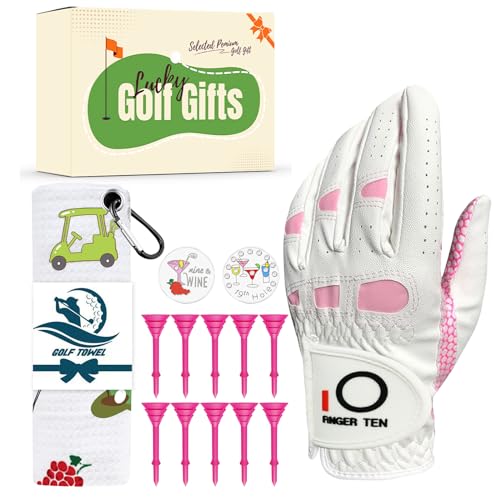 LOVMEAD Damen Golfhandschuhe für Linke Hand mit rutschfestem Griff in Allwetter-Zustand-Wertpaket mit Geschenkbox inklusive Golftücher, Tees und Ball Marker (Rosa, L) von LOVMEAD