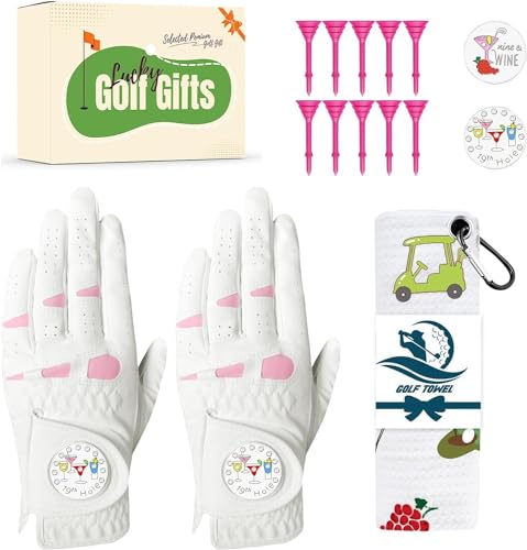 LOVMEAD Golf Handschuhe Damen Leder Getragene Linke Hand mit Mode Ball Marker 2-Pack mit Geschenkbox, Damen Golf Handschuhe und Golf Handtuch Tees Wert Geschenk Set Sport Outdoor (Weiß, L) von LOVMEAD