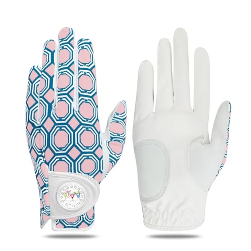 LOVMEAD Golf Handschuhe Frauen Linke rechte Hand Leder Mehrere Druckfarben und -Stile mit Ball Marker Value Pack, Farbiger Handschuh für Damen Rechte Linke Hand Golfer All Weather (Rosa, L, Links) von LOVMEAD