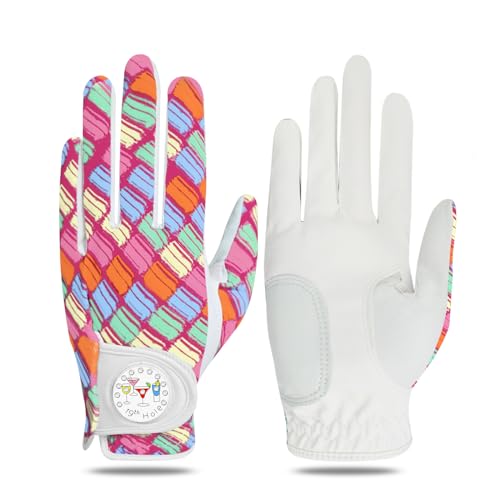 LOVMEAD Golf Handschuhe Frauen Linke rechte Hand Leder Mehrere Druckfarben und -Stile mit Ball Marker Value Pack, Farbiger Handschuh für Damen Rechte Linke Hand Golfer All Weather (Rot, L, Links) von LOVMEAD