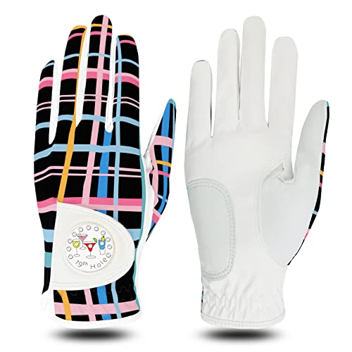 LOVMEAD Golf Handschuhe Frauen Linke rechte Hand Leder Mehrere Druckfarben und -Stile mit Ball Marker Value Pack, Farbiger Handschuh für Damen Rechte Linke Hand Golfer All Weather (Schwarz, L, Links) von LOVMEAD