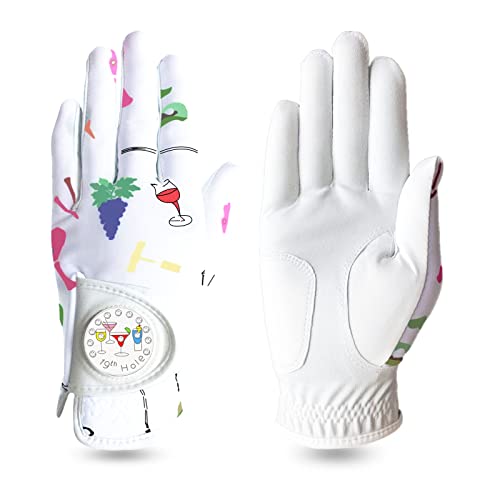 LOVMEAD Golf Handschuhe Frauen Linke rechte Hand Leder Mehrere Druckfarben und -Stile mit Ball Marker Value Pack, Farbiger Handschuh für Damen Rechte Linke Hand Golfer All Weather (Weiß, L, Links) von LOVMEAD