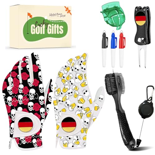 LOVMEAD Golf Handschuhe Männer Linke Hand 2-Pack Rote und gelbe Druckfarbmischung mit Geschenkbox, Herren Leder Golf Handschuh All Weather Grip (Rot/Gelb, M) von LOVMEAD