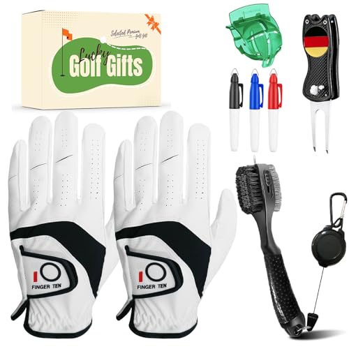 LOVMEAD Golf Handschuhe Männer Linke Hand Cabretta Leder Allwetter für Rechtshänder Golfer 2-Pack und Golf Pinsel Zubehör Werkzeug Set mit Geschenkbox (Weiß, L) von LOVMEAD