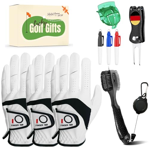 LOVMEAD Golf Handschuhe Männer Linke Hand Cabretta Leder Allwetter für Rechtshänder Golfer 3-Pack und Golf Pinsel Zubehör Werkzeug Set mit Geschenkbox (Weiß, L) von LOVMEAD