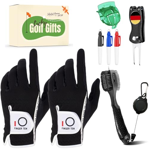 LOVMEAD Golf Handschuhe Männer Linke Hand Regen Griff Schwarz Grau Weiß 2-Pack mit Geschenkbox, Golf Handschuhe mit Divot Tool Ball Marker Pinsel Golf Ball Line Set (Grau, M) von LOVMEAD
