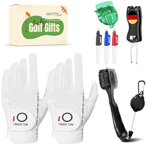 LOVMEAD Golf Handschuhe Männer Linke Hand Regen Griff Schwarz Grau Weiß 2-Pack mit Geschenkbox, Golf Handschuhe mit Divot Tool Ball Marker Pinsel Golf Ball Line Set (Weiß, L) von LOVMEAD
