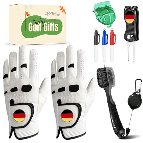 LOVMEAD Golf Handschuhe Männer Linke Hand für Rechtshänder Golfer 2-Pack mit Ball Marker und Pinsel Divot Tool Golf Ball Line Value Set mit Geschenkbox, Golf Zubehör Geschenkset (Weiß, L) von LOVMEAD