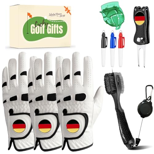 LOVMEAD Golf Handschuhe Männer Linke Hand mit Ball Marker für Rechtshänder Golfer 3-Pack und Pinsel Divot Tool Ball Marker Golf Ball Line Value Set mit Geschenkbox für Golfer Geschenke (Beige, M/L) von LOVMEAD