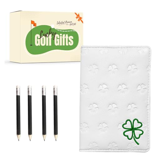 LOVMEAD Golf Scorecard Holder 1 Pack mit 4 Bleistift, Leder Yardage Buch Cover Deluxe Geschenk-Pack für Männer Frauen (Geprägtes Kleeblatt Weiß) von LOVMEAD