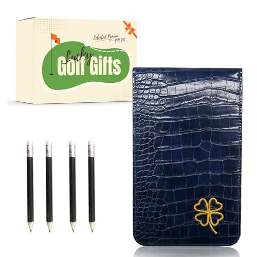 LOVMEAD Golf Scorecard Holder 1 Pack mit 4 Bleistift, Leder Yardage Buch Cover Deluxe Geschenk-Pack für Männer Frauen (Klee Blau) von LOVMEAD