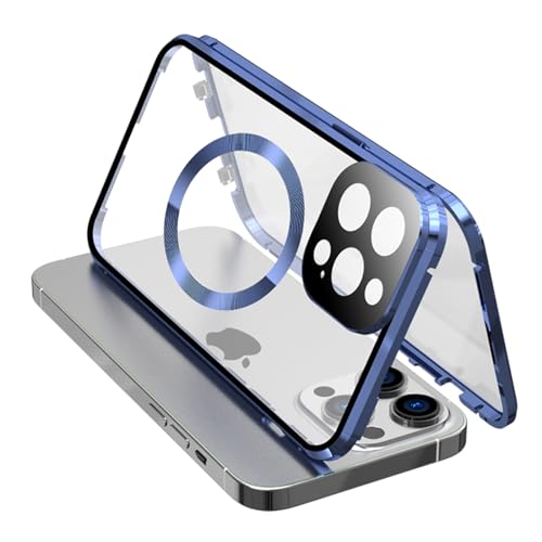 Anti-Spähen Hülle für iPhone 15/15 Pro/15 Plus/15 Pro Max, [Kompatibel mit MagSafe] 360 Grad Handyhülle Aluminium Rahmen Magnet Case mit Kameraschutz,Blue,15 Pro Max von LOXO CASE