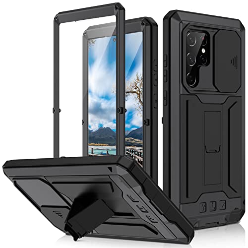 Hülle für Samsung Galaxy S22/S22 Plus/S22 Ultra, Robust Metall Stoßfest Hülle mit Kameraschutz Outdoor Handy Case Militärstandard Schutzhülle mit Displayschutz & Ständer,Black,S22 von LOXO CASE