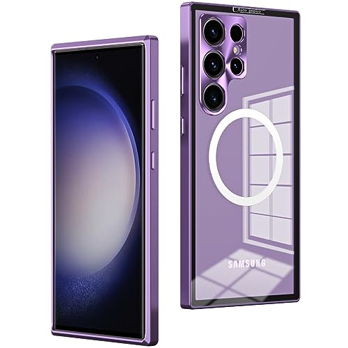 Hülle für Samsung Galaxy S23 Ultra/S23 Plus/S23, Stoßstange Aus Aluminiumlegierung, Kristallklare PC-Rückseite [kompatibel mit MagSafe] mit Sicherheitsschloss und Kameraschutz,Purple,S23 Ultra von LOXO CASE