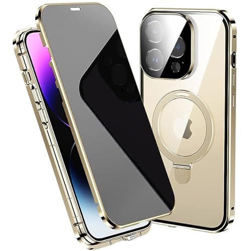 LOXO CASE Anti-Peeping-Hülle für iPhone 14/14 Pro/14 Plus/14 Pro Max, Doppelseitige Magnetische Adsorptionshülle und Metallrahmen mit Unsichtbarem Ständer [kompatibel mit MagSafe],Gold,14 Plus von LOXO CASE