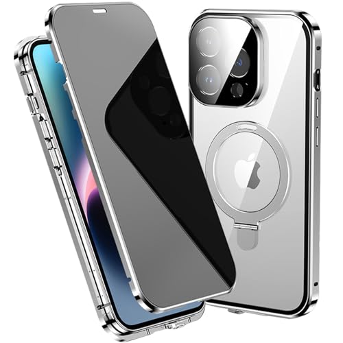 LOXO CASE Anti-Peeping Hülle für iPhone 15/15 Pro/15 Plus/15 Pro Max, Doppelseitige Magnetische Adsorptionshülle und Metallrahmen mit Unsichtbarem Ständer [kompatibel mit MagSafe],Silver,15 Pro Max von LOXO CASE