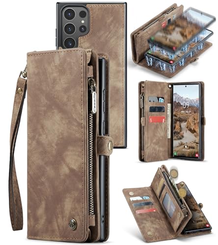 LOXO CASE Brieftaschen-Hülle für Samsung Galaxy S24 Ultra/S24 Plus/S24, Abnehmbare Magnetische Flip-Folio-Hülle Aus PU-Leder mit Handschlaufe [Reißverschlussfach] Kreditkartenfächer,Brown,S24 Plus von LOXO CASE