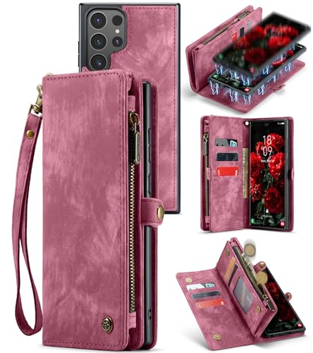 LOXO CASE Brieftaschen-Hülle für Samsung Galaxy S24 Ultra/S24 Plus/S24, Abnehmbare Magnetische Flip-Folio-Hülle Aus PU-Leder mit Handschlaufe [Reißverschlussfach] Kreditkartenfächer,Red,S24 Ultra von LOXO CASE