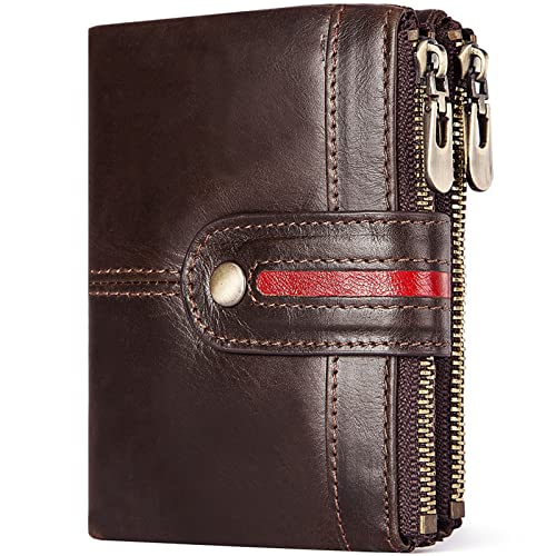 LOXO CASE Herren Geldbörse RFID Schutz - Geldbeutel mit 2 Reißverschluss-Münztasche, Doppelte Falte Geldbeutel mit 7 Kartenfächern Portmonee Brieftasche,Coffee von LOXO CASE