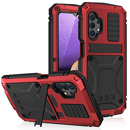 LOXO CASE Hülle für Samsung Galaxy A32 5G (Nicht Für 4G), Robust Metall Bumper Stoßfest Silikon Heavy Duty Handyhülle mit Displayschutz Ständer 360 Grad Outdoor Schutzhülle,Red von LOXO CASE